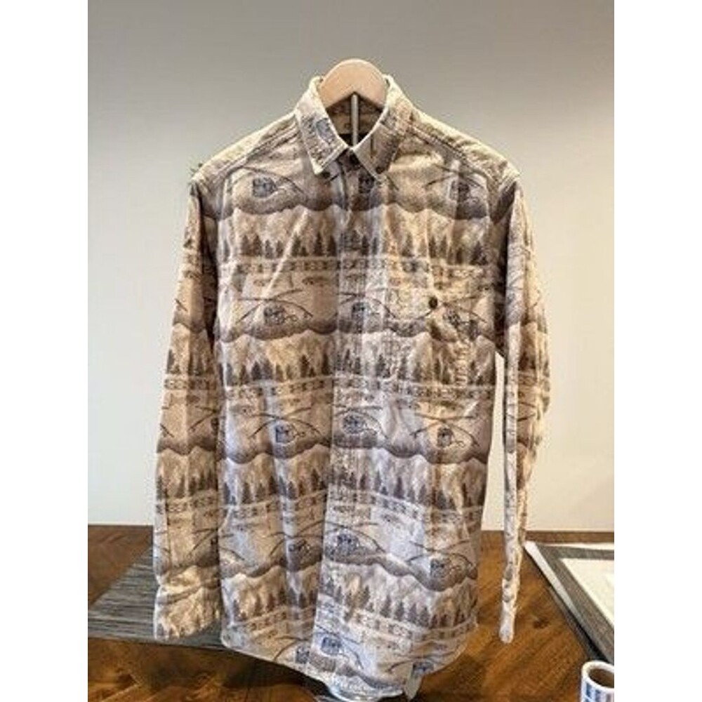 Woolrich Mens M Fishing Shirt Trout Fly Rod Outdoor Novelty Print Button Up